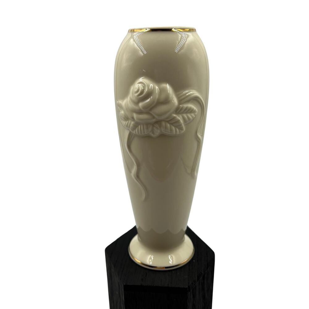 Lenox Rose Blossom Vase / Bud Vase 3D 24K Gold Top Trim Porcelain 8.5 Inch